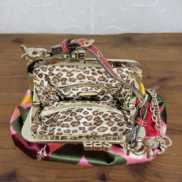 Guess Satin Handbag Small Purple Pink Floral Spell Out Alligator Leopard Chain - Picture 7 of 10